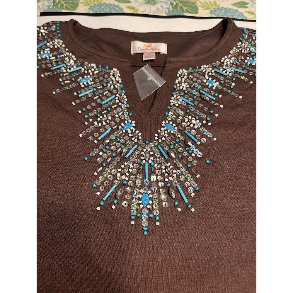 Quacker Factory Turquoise Beads Rhinestones Tunic Pull Over Shirt Top Sz L